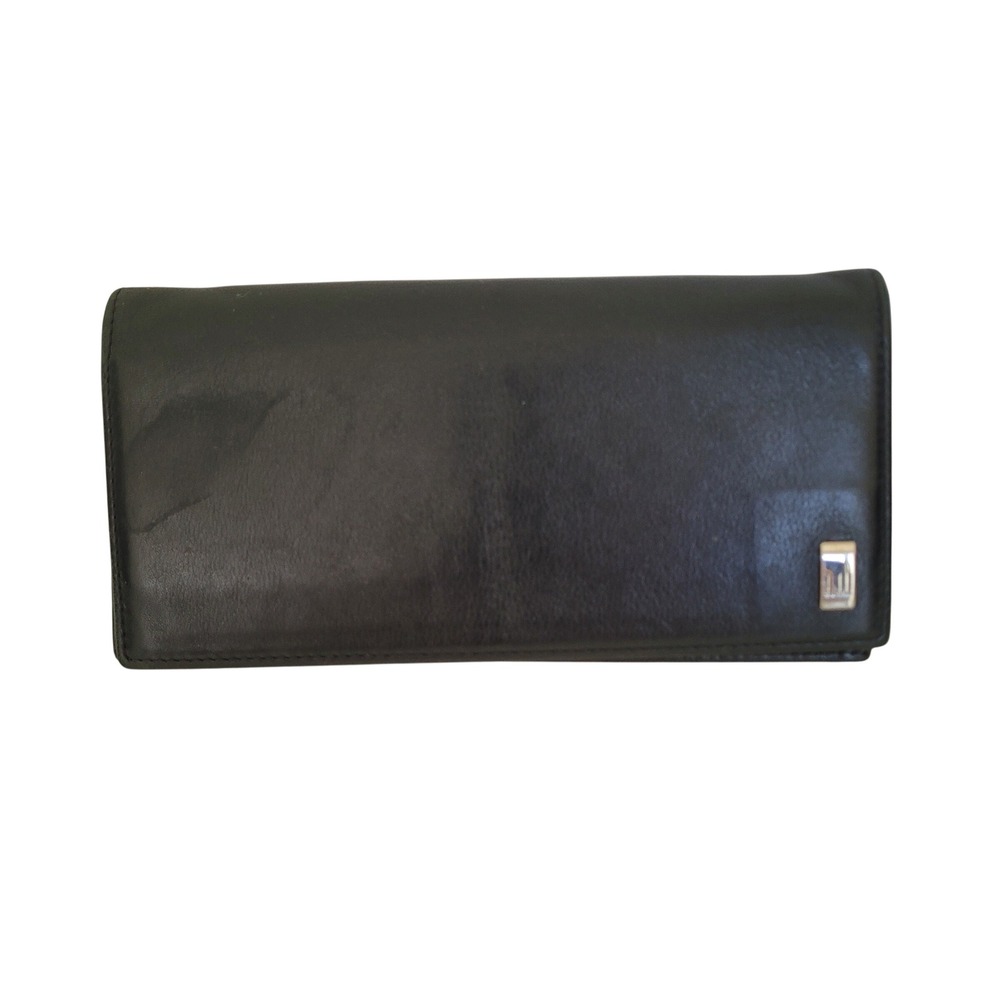 Dunhill Black Leather Long Bifold Wallet Silver Logo Plaque Made in Italy